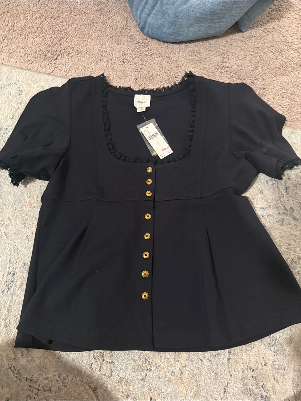 Anthropologie Black Button-Front Puff Sleeve Top with Gold Buttons